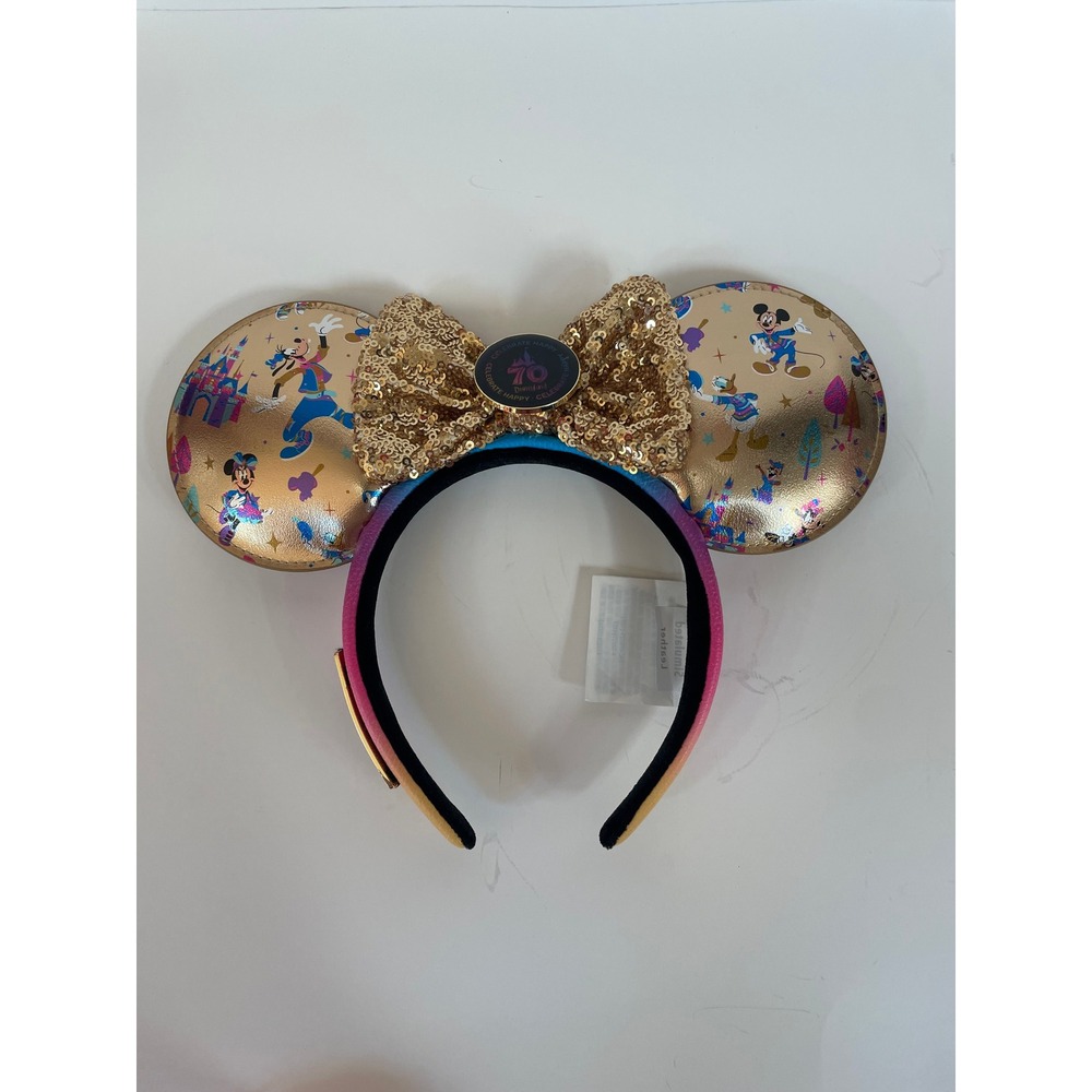 Disney Loungefly Disneyland 70th Anniversary Minnie Mouse Ears Gold Sequin Bow